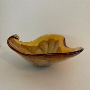 Vintage 60’s Amber Gold Cream Trinket Holder Art Glass Dish Modern Heritage